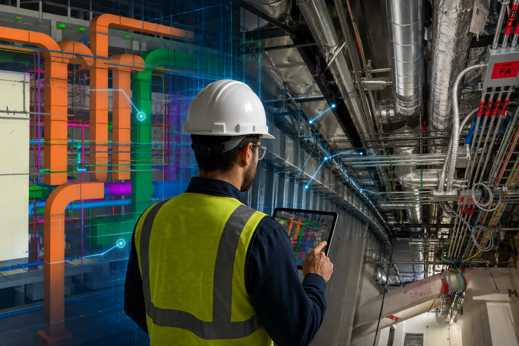 BIM technology professional reviewing coordinated MEP model on tablet during construction project