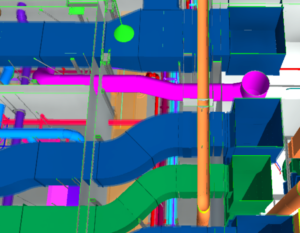 BIM technician coordinated MEP model showing ductwork, piping, and structural systems