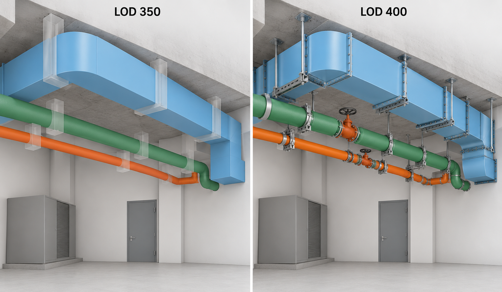 LOD 350 vs LOD 400 comparison of the same mechanical room in Revit, showing generic hanger zones on the left and fabrication-ready supports, flanged ductwork and valved pipe spools on the right