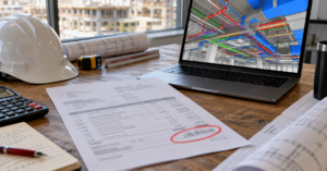 BIM quote with the total circled in red beside a laptop showing a detailed 3D Revit model of ductwork and piping