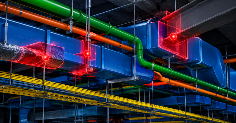 BIM clash detection: a 3D model of ductwork and piping with hidden clashes between hangers, insulation and structure highlighted in red