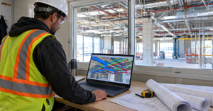 BIM for small contractors: a foreman reviewing a 3D Revit model on a laptop in a site office
