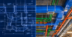 MEP shop drawings: a blueprint of ductwork and piping turning into the same system installed in a real ceiling space