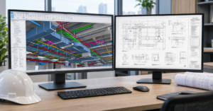 Revit drafting services: a 3D model of ductwork and piping on one monitor beside the matching 2D shop drawing on another