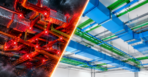 Reactive vs proactive BIM outsourcing: a chaotic clash-filled model beside a clean, coordinated model of the same ceiling space