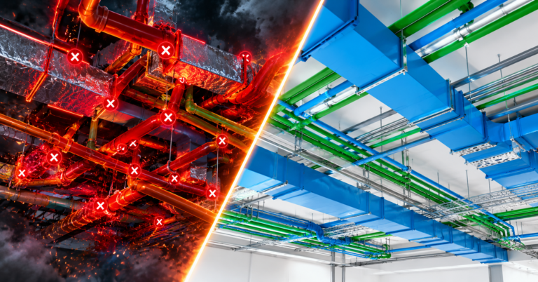 Reactive vs proactive BIM outsourcing: a chaotic clash-filled model beside a clean, coordinated model of the same ceiling space