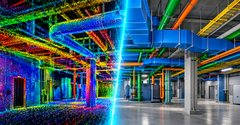Scan to BIM: a laser-scan point cloud of an old plant room turning into an accurate 3D Revit model